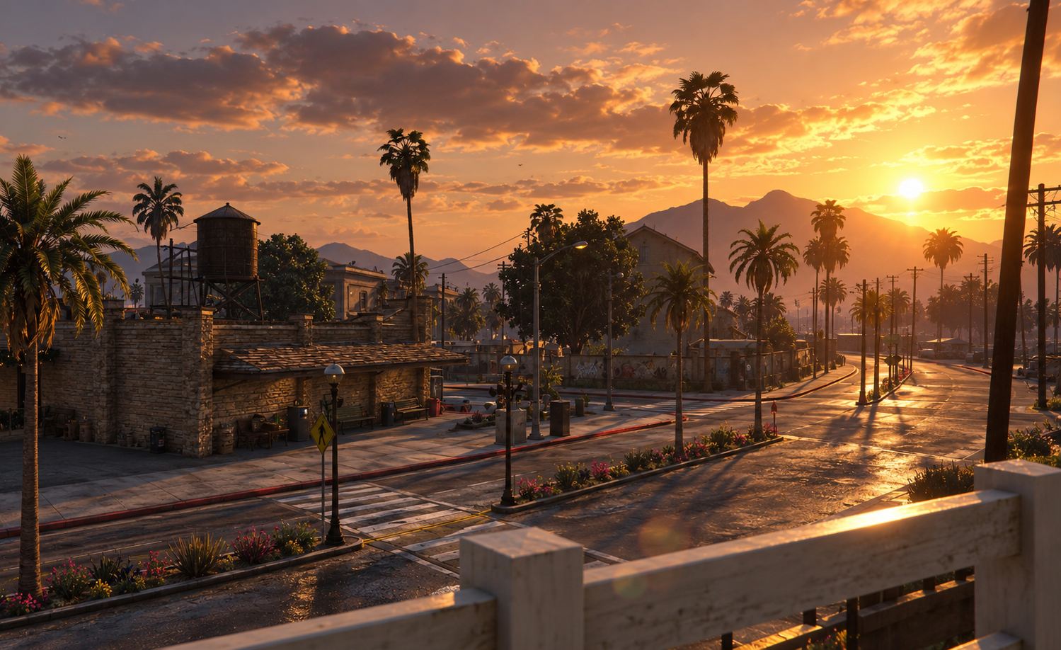 La Route 68 al tramonto, con un locale e le palme lungo la strada