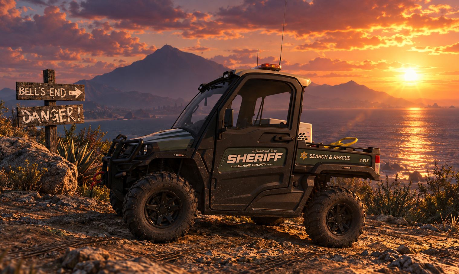 Mezzo fuoristrada BCSO Search and Rescue su una scogliera al tramonto