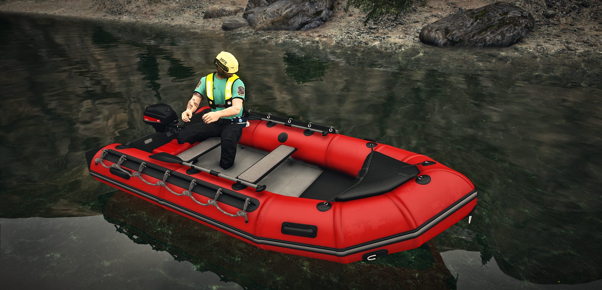 Soccorritore SAFR del Water Rescue su un gommone rosso in un torrente